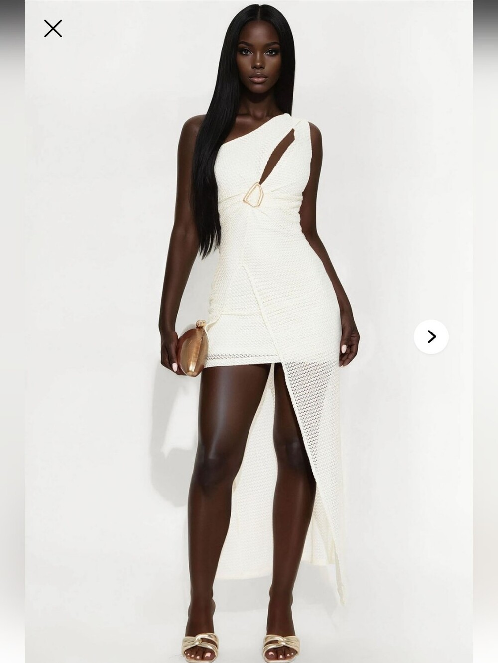 Fashion Nova One-Shoulder White Crochet High-Slit Dress